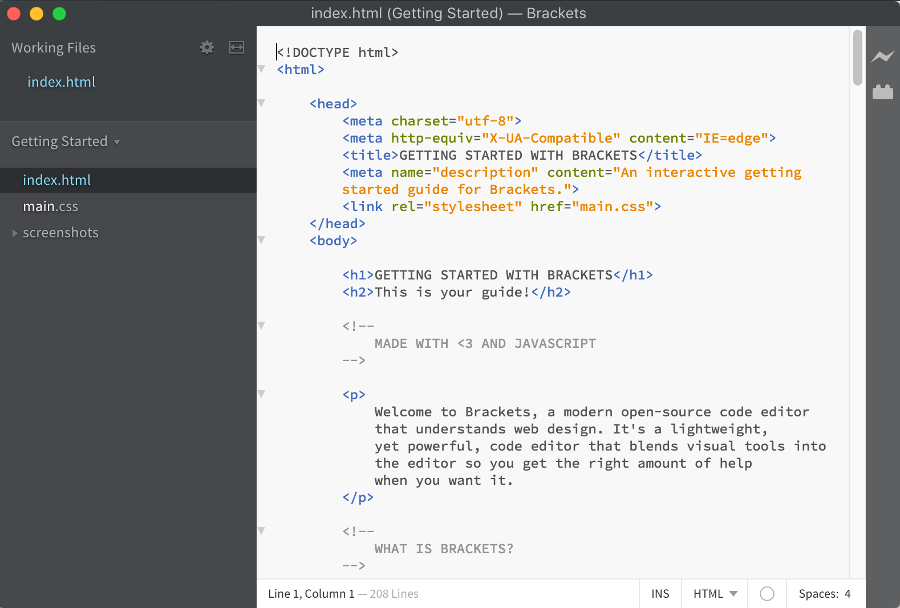 Screenshot of Brackets code editor