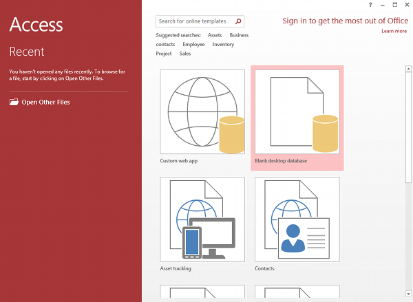 Screenshot of creating a database from the Microsoft Access welcome screen