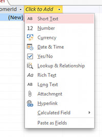 Screenshot of the list of data types