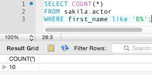 Screenshot of using the COUNT() function with a WHERE clause