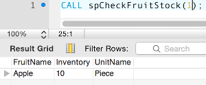 Screenshot of calling a stored procedure in MySQL