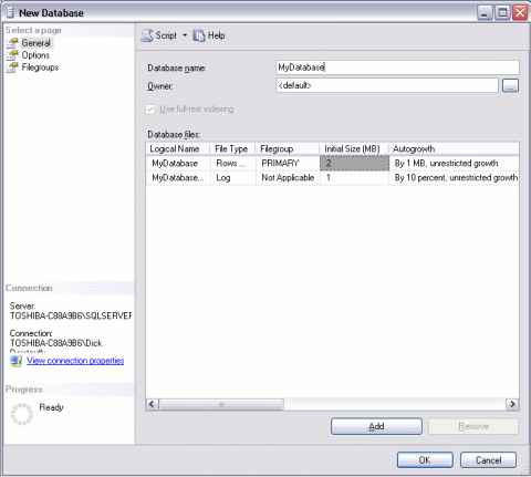 Creating a new database in SQL Server - step 2