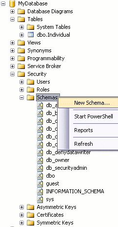 Creating a database schema in SQL Server Management Studio