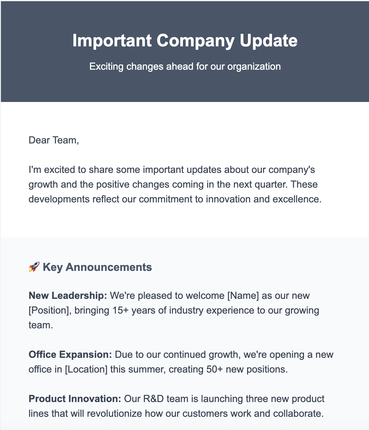 Company announcement email