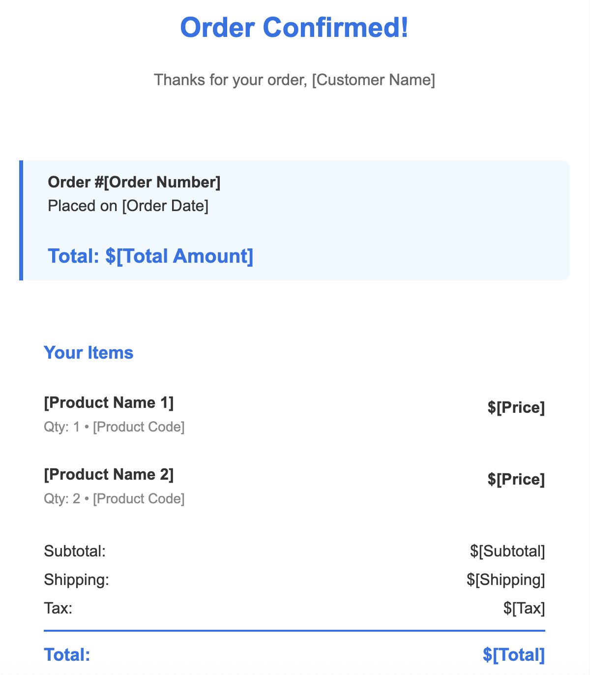 Order confirmation email