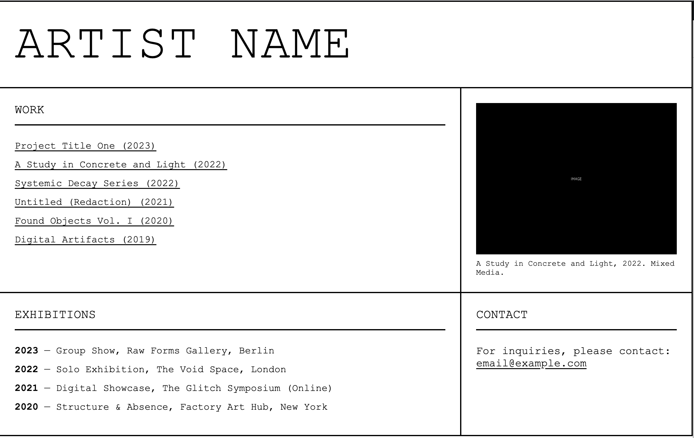 Screenshot of brutalist artist website AI prompt result