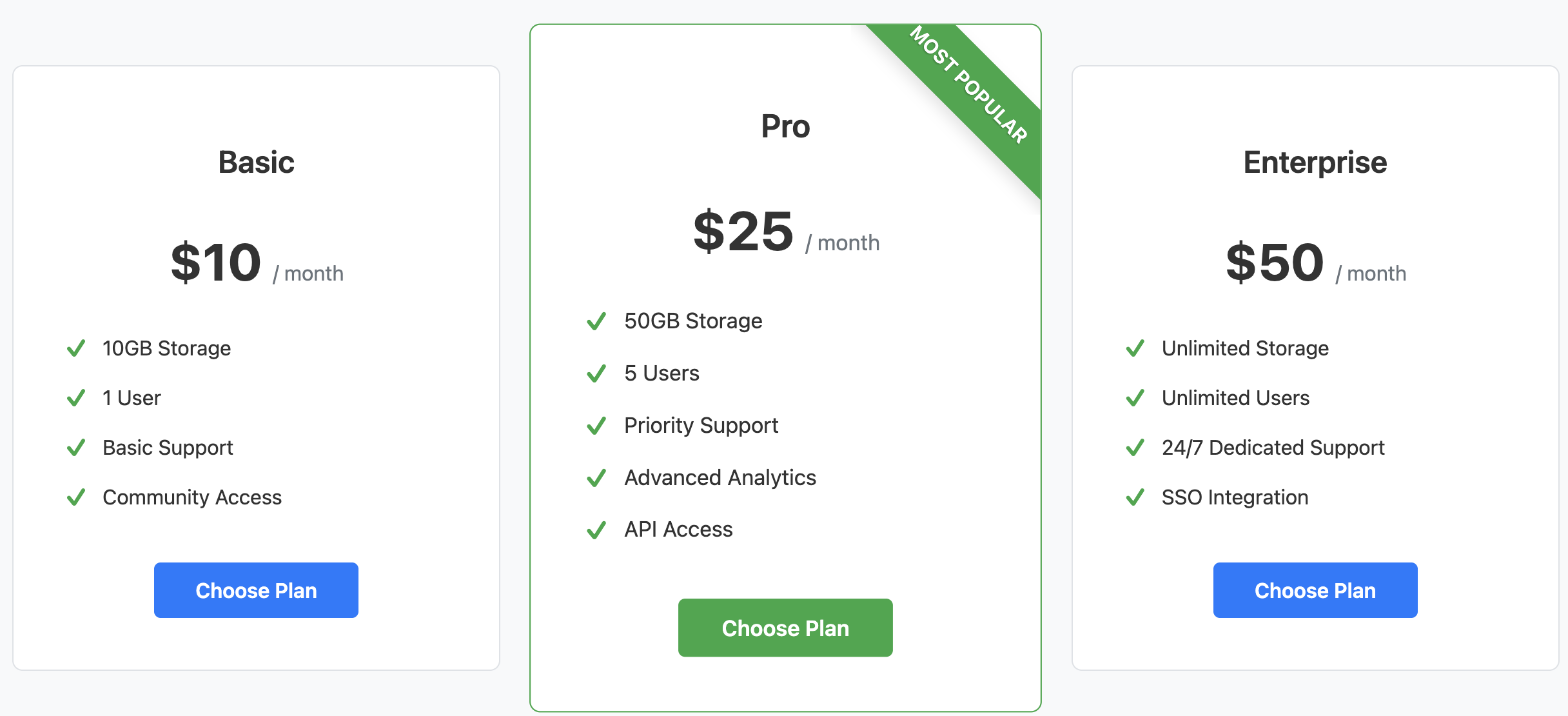 Screenshot of three-tier responsive pricing table AI prompt result