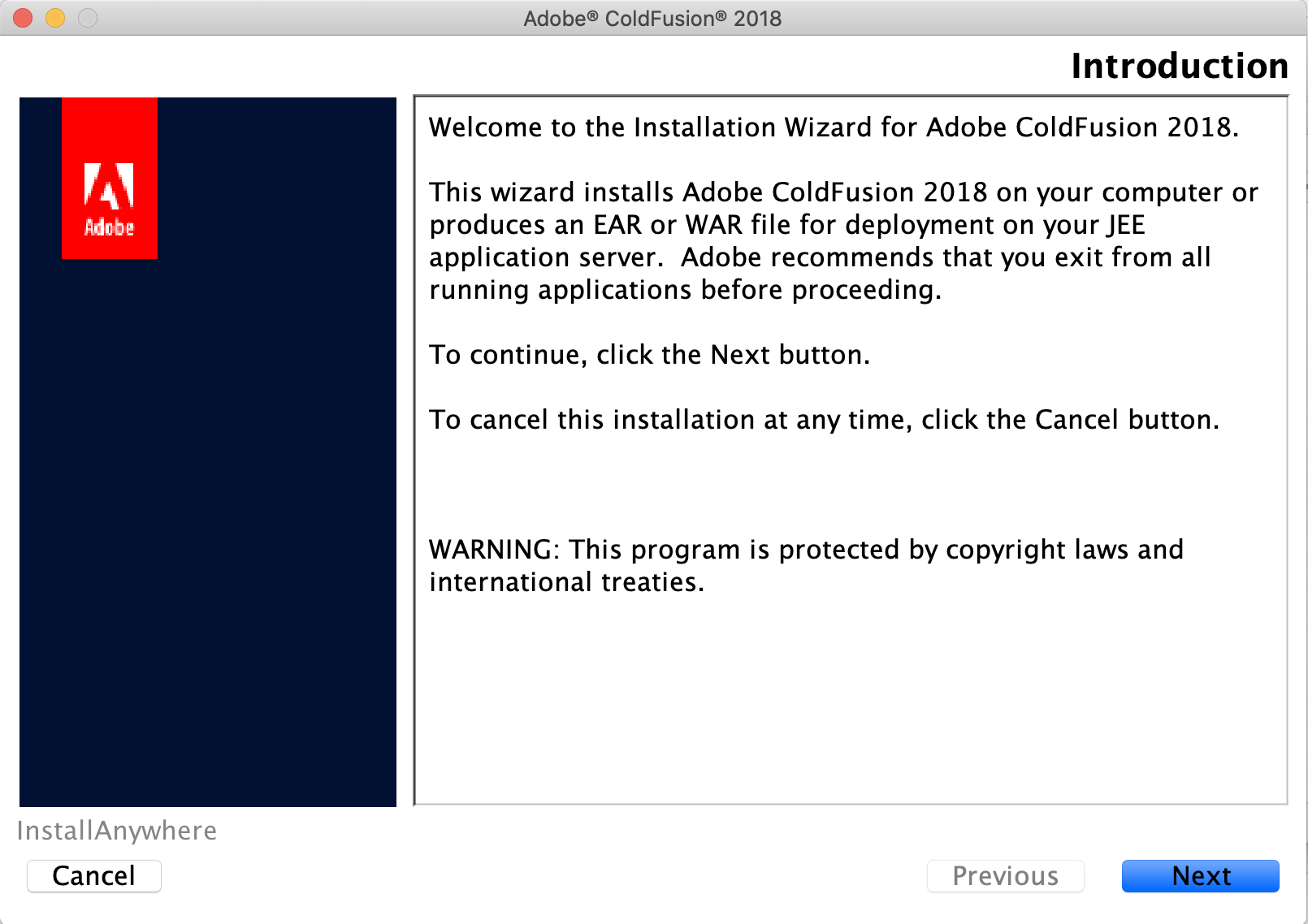 ColdFusion 2018 installation screen 1