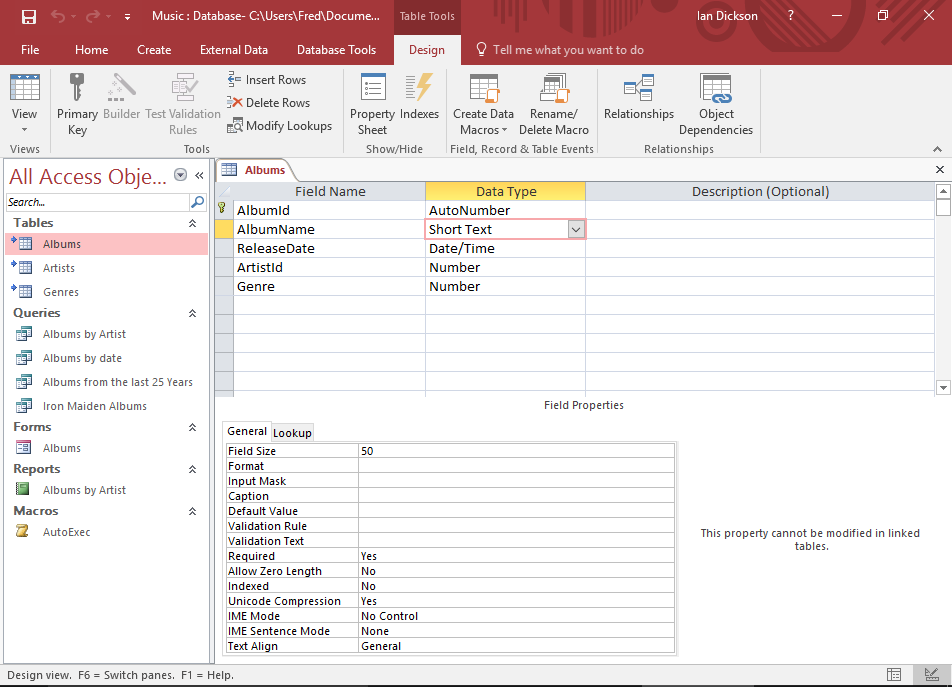 Screenshot of a database table in Design View.