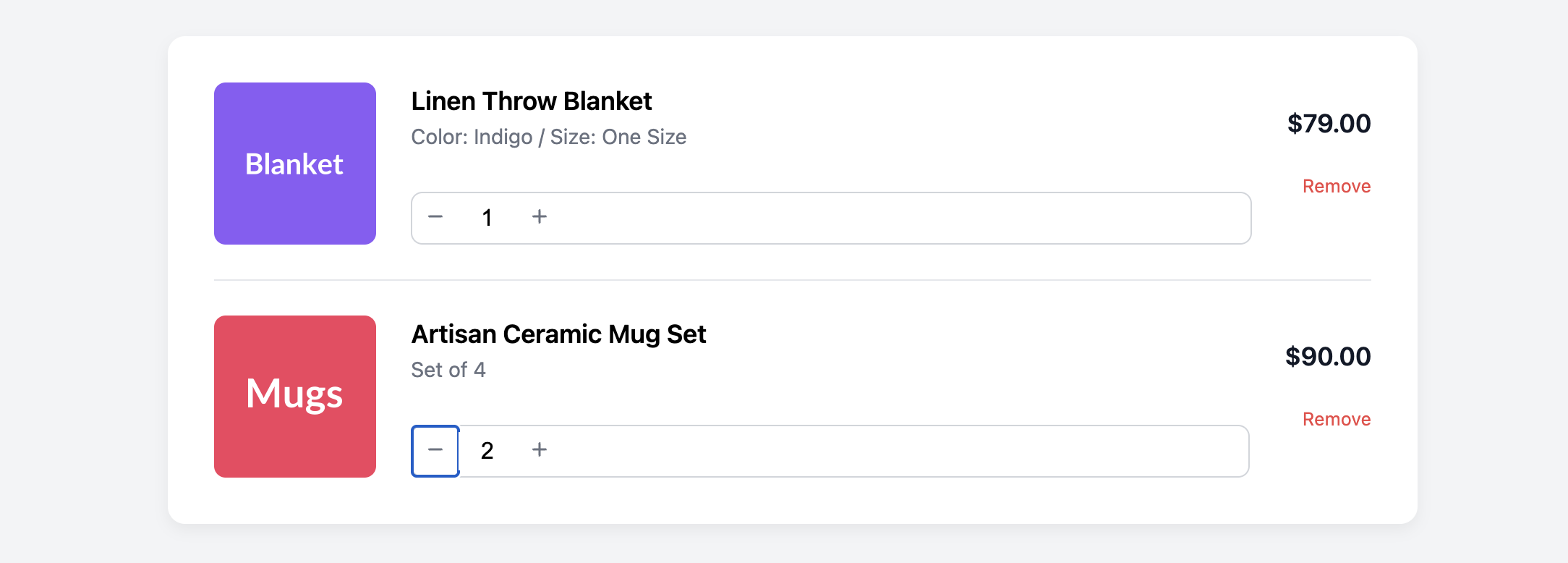 Screenshot of a shopping cart item with quantity controls.