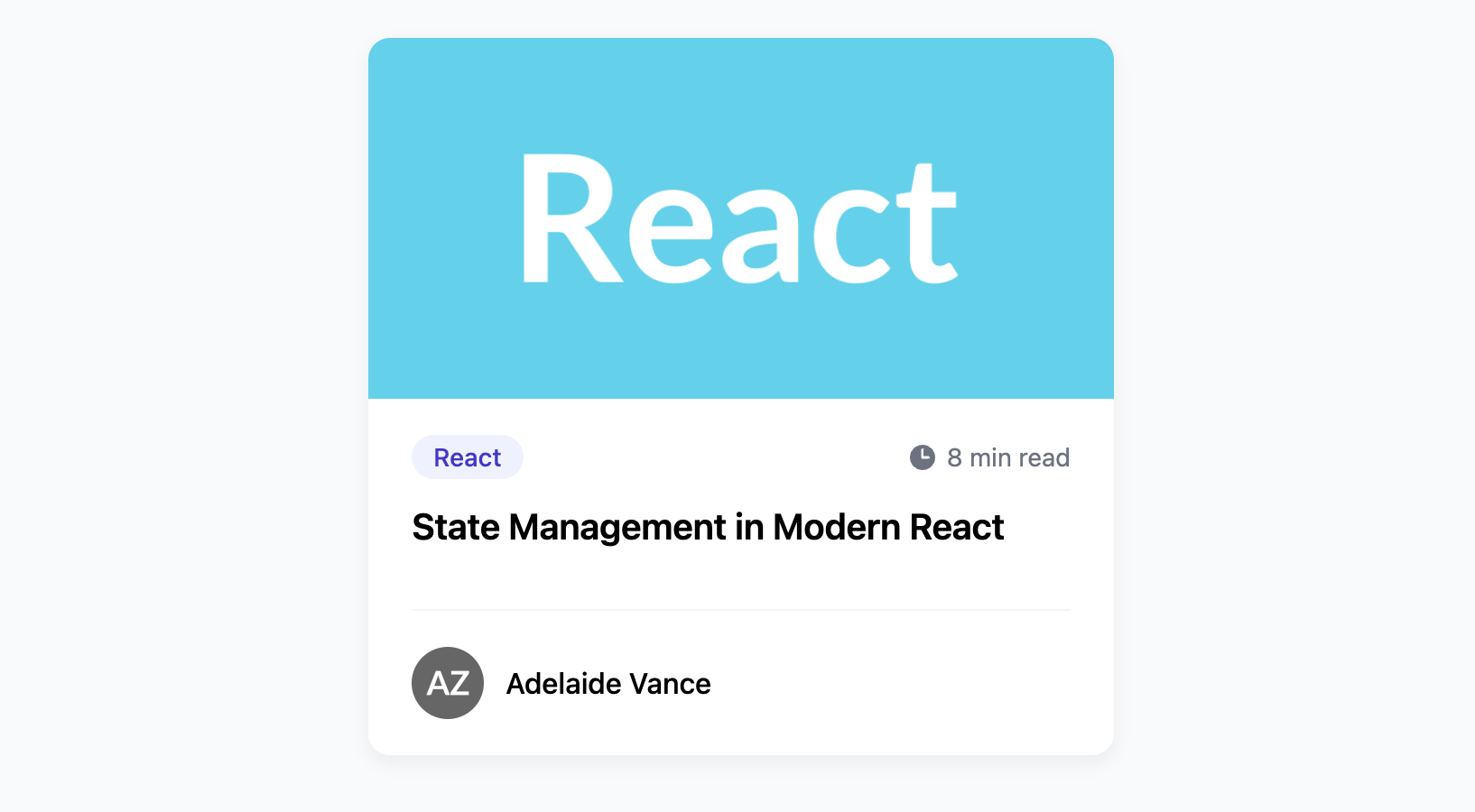 Screenshot of a blog card with category tags and reading time.