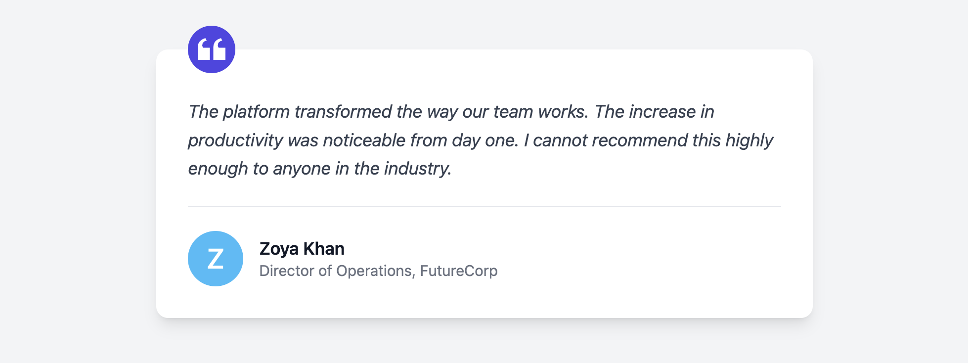 Screenshot of a client testimonial card.