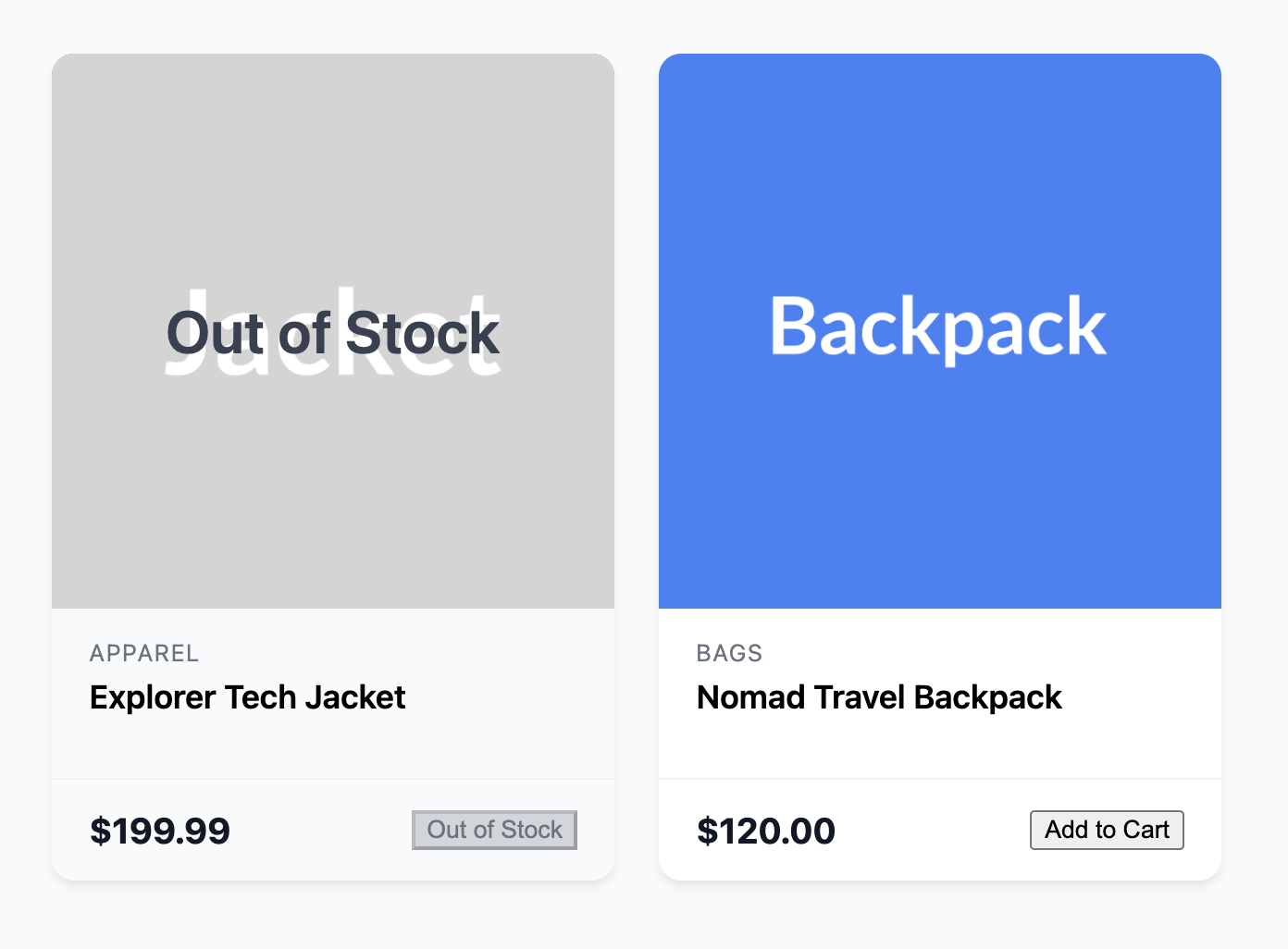 Screenshot of a product card styled as out-of-stock.