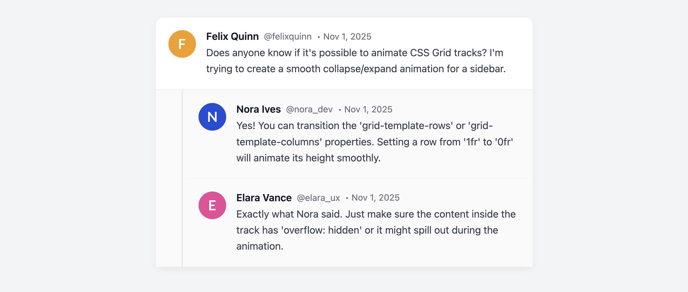 Screenshot of a nested comment and reply thread card.
