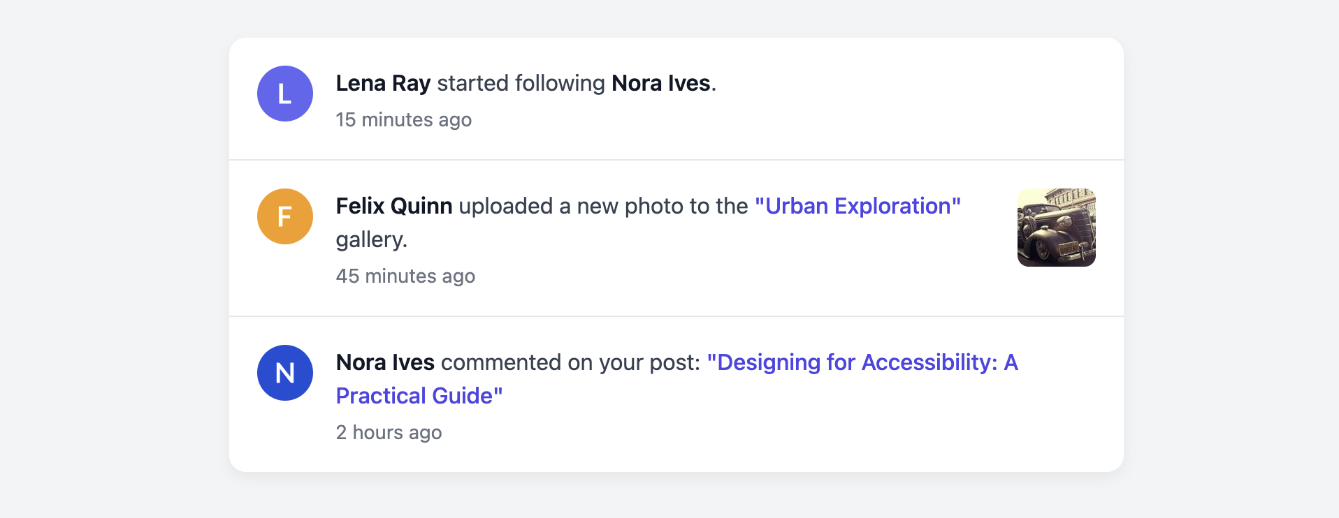 Screenshot of a User Activity Feed item card.
