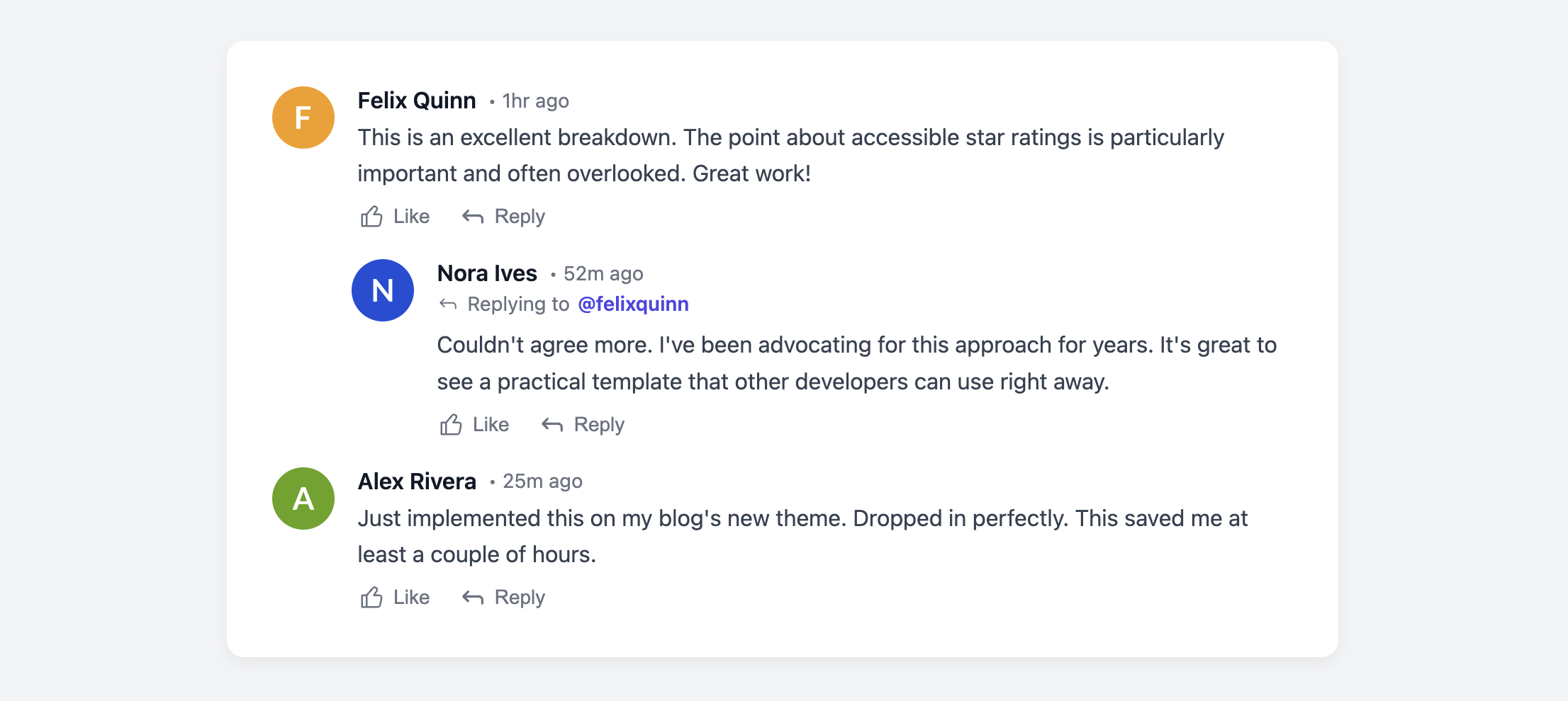 Screenshot of a User Comment Card template.