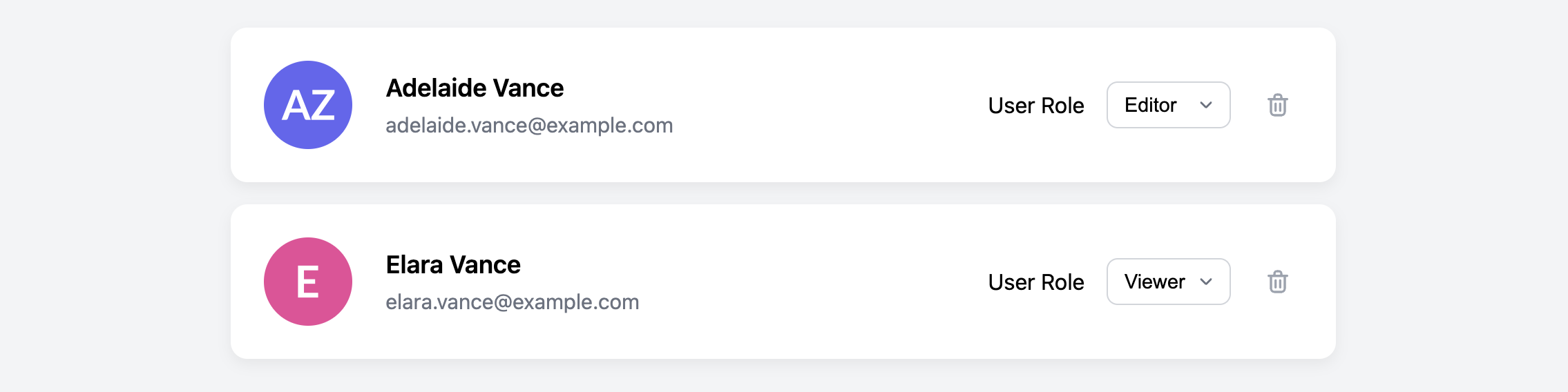 Screenshot of a card for user role management in an admin dashboard.