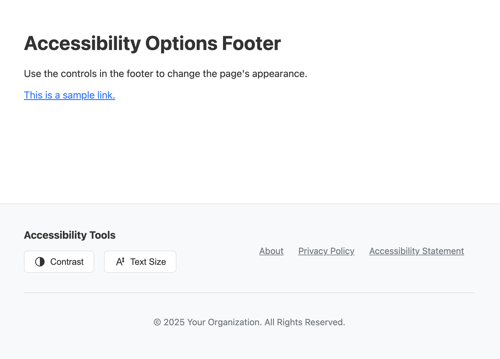 Screenshot of a footer with accessibility controls like contrast and text size.