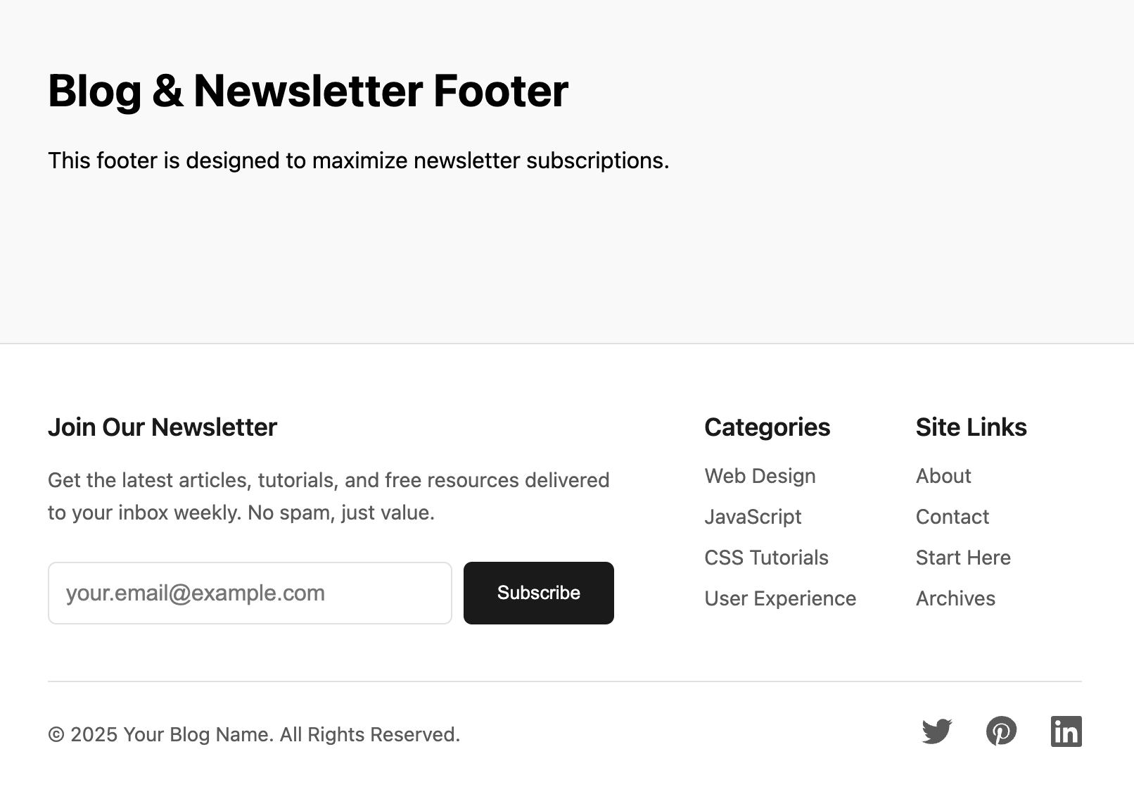Screenshot of a blog footer with a newsletter signup form and recent posts.