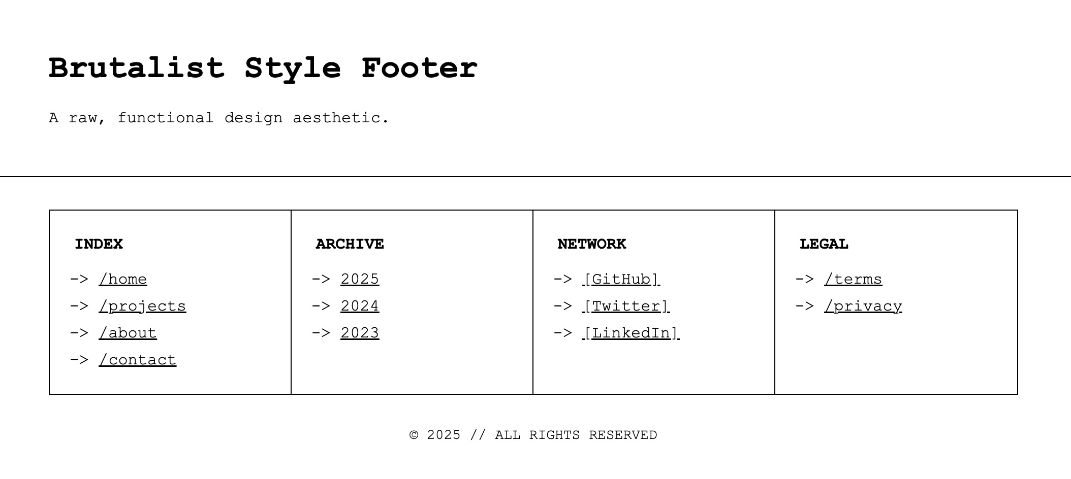 Screenshot of a footer in a stark, brutalist design style.