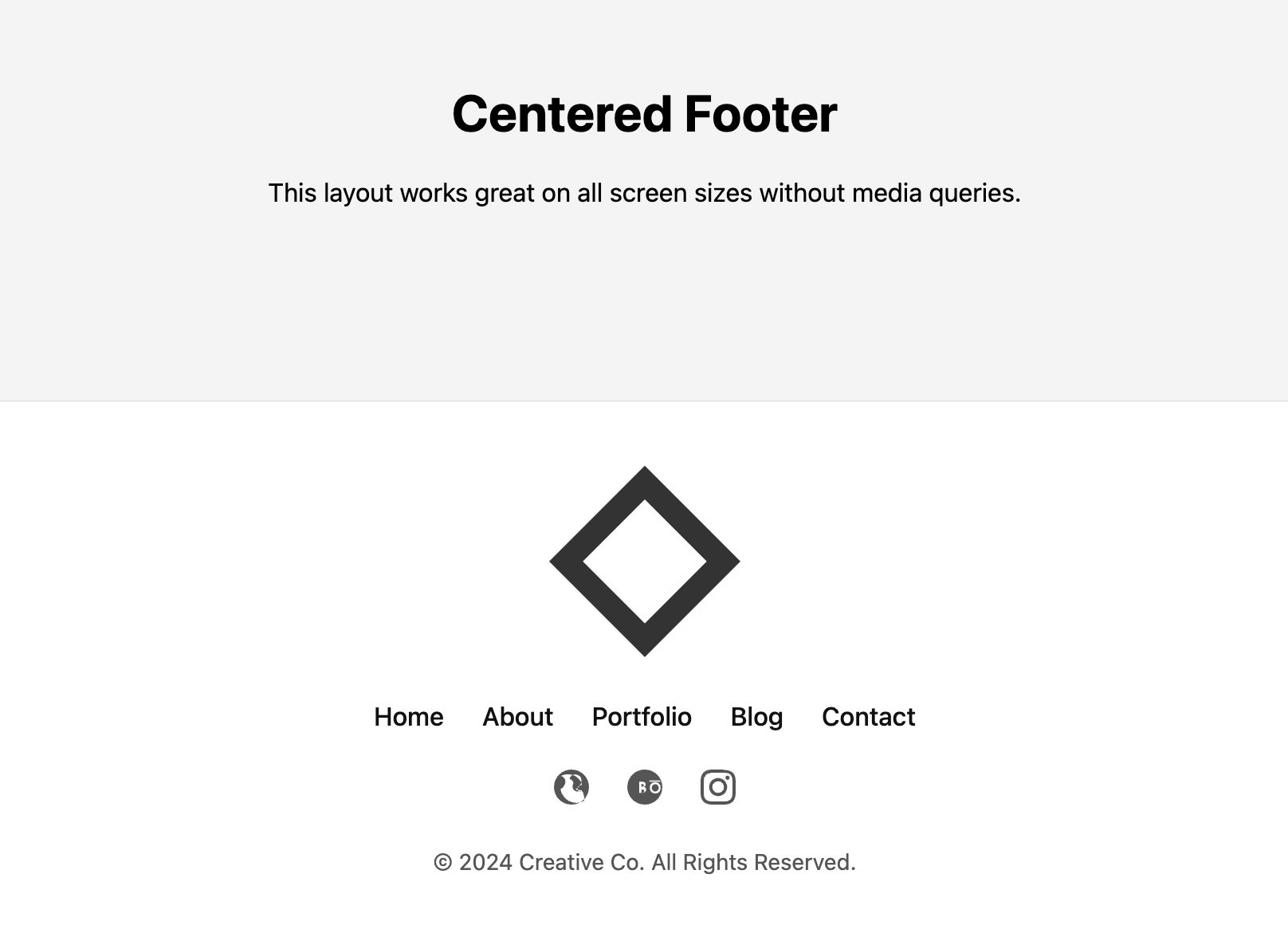 Screenshot of a centered footer with a logo and navigation links.