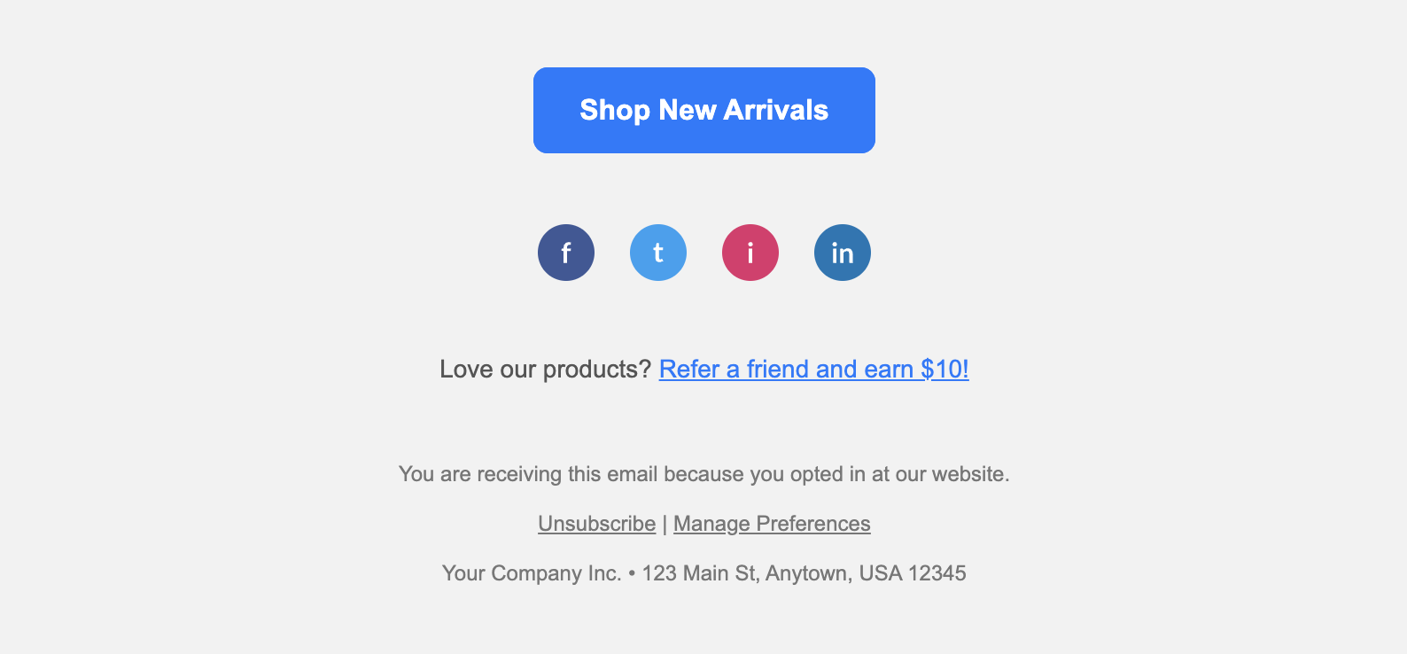 Screenshot of a marketing-focused email footer with a large CTA button and colorful social media icons.