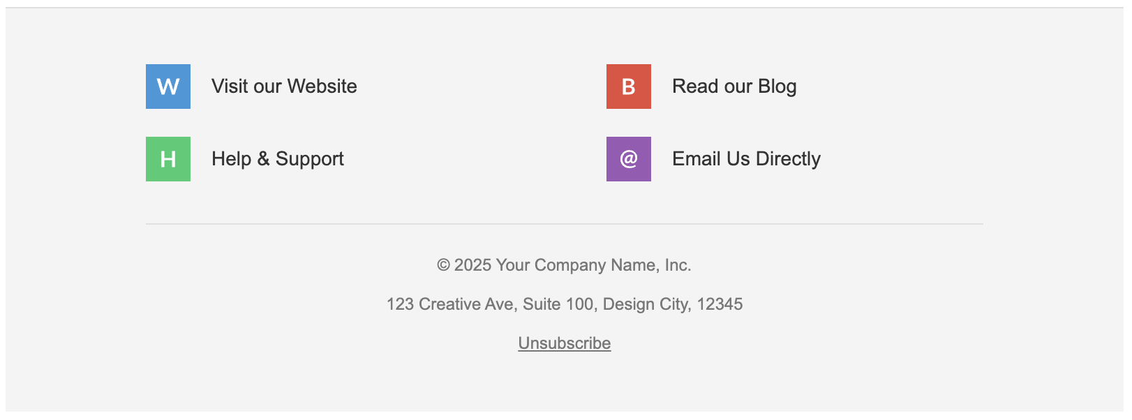 Screenshot of a clean email footer that uses icons for links like 'Visit our Website' and 'Read our Blog'.