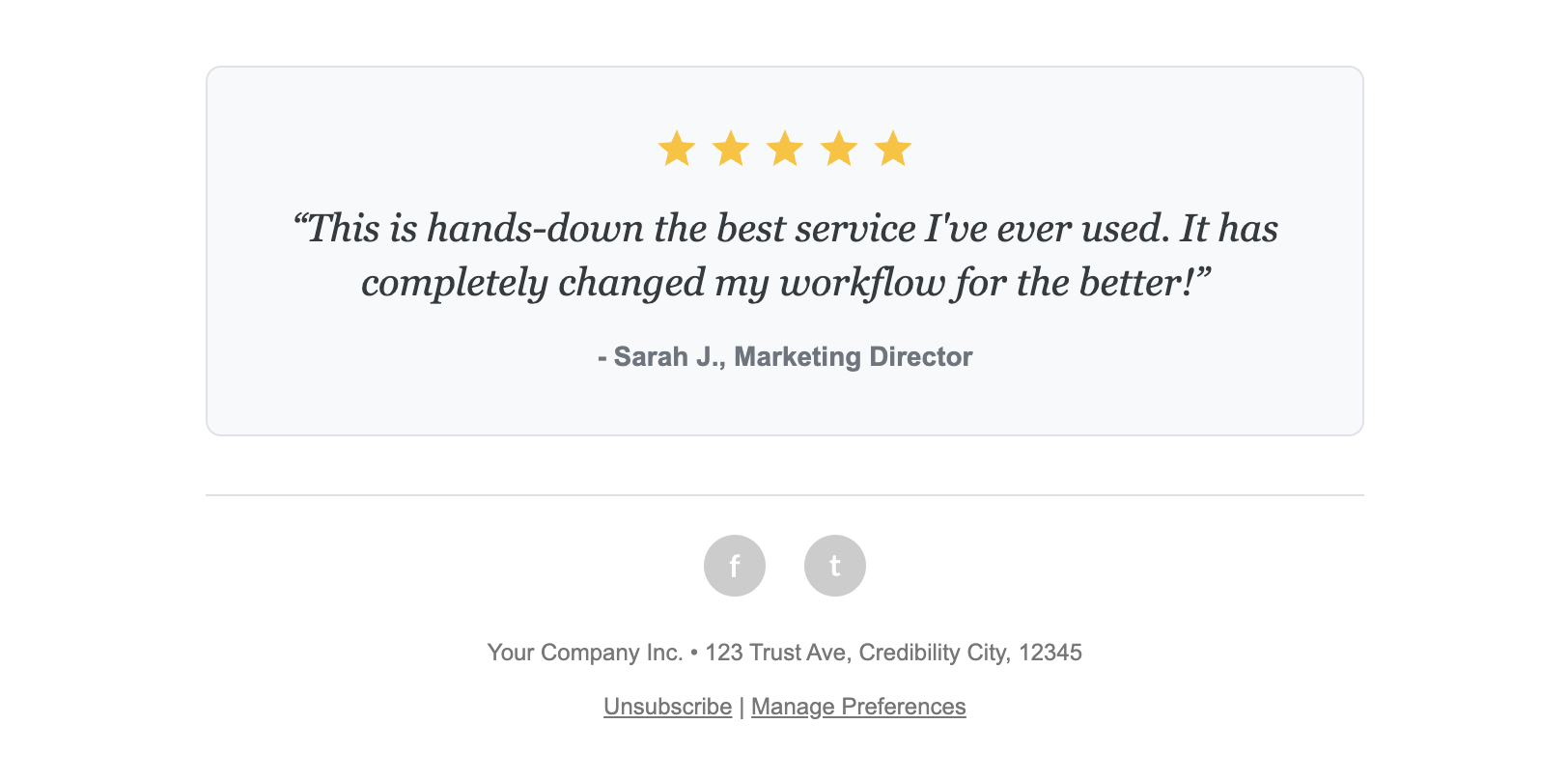 Screenshot of an email footer featuring a prominent customer quote with star ratings.