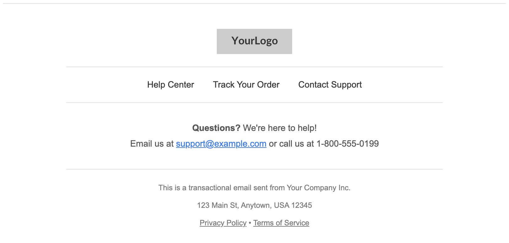 Screenshot of a clean, professional email footer with links to a help center and contact information.