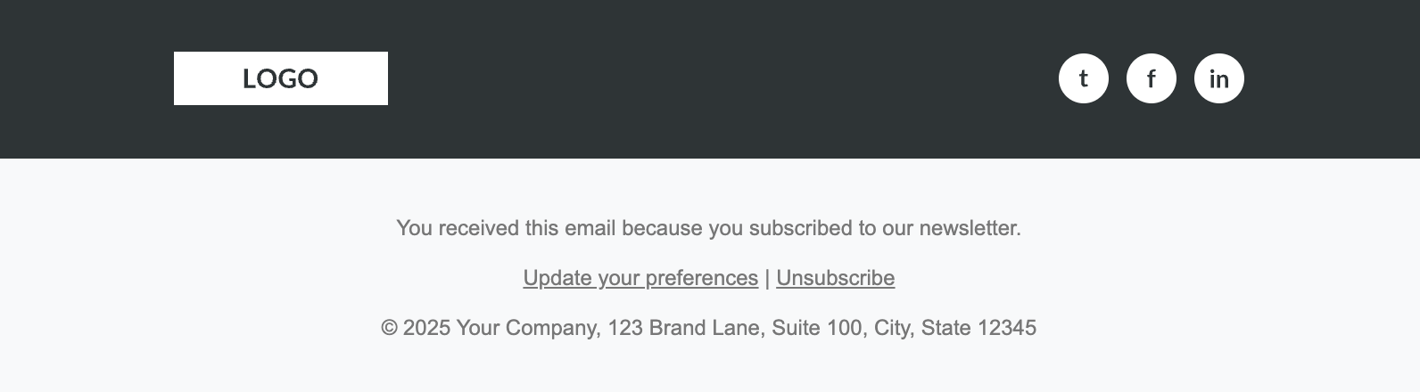 Screenshot of a two-tiered email footer with a dark top bar for social icons and a light bottom bar for legal text.