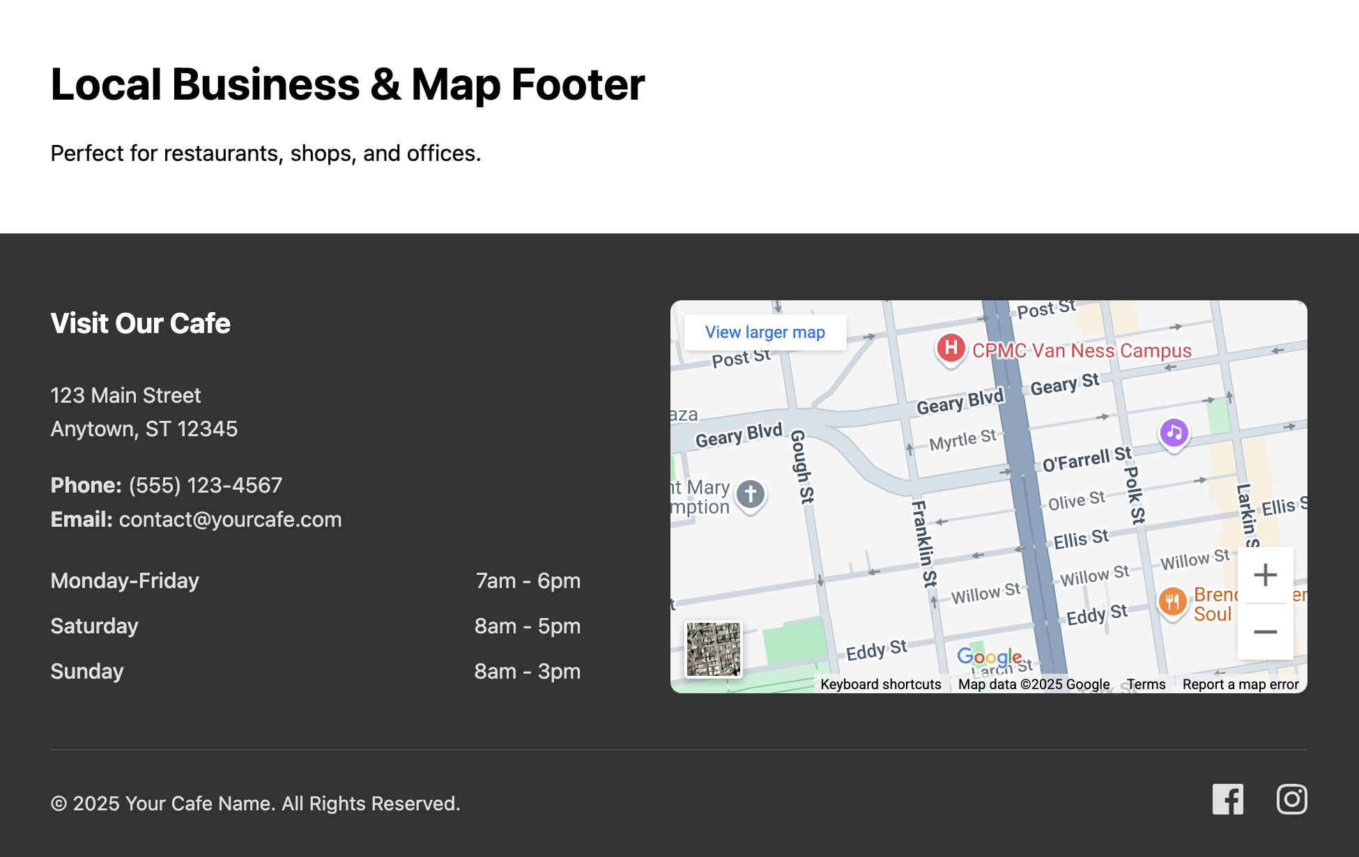 Screenshot of a local business footer with opening hours and an embedded map.