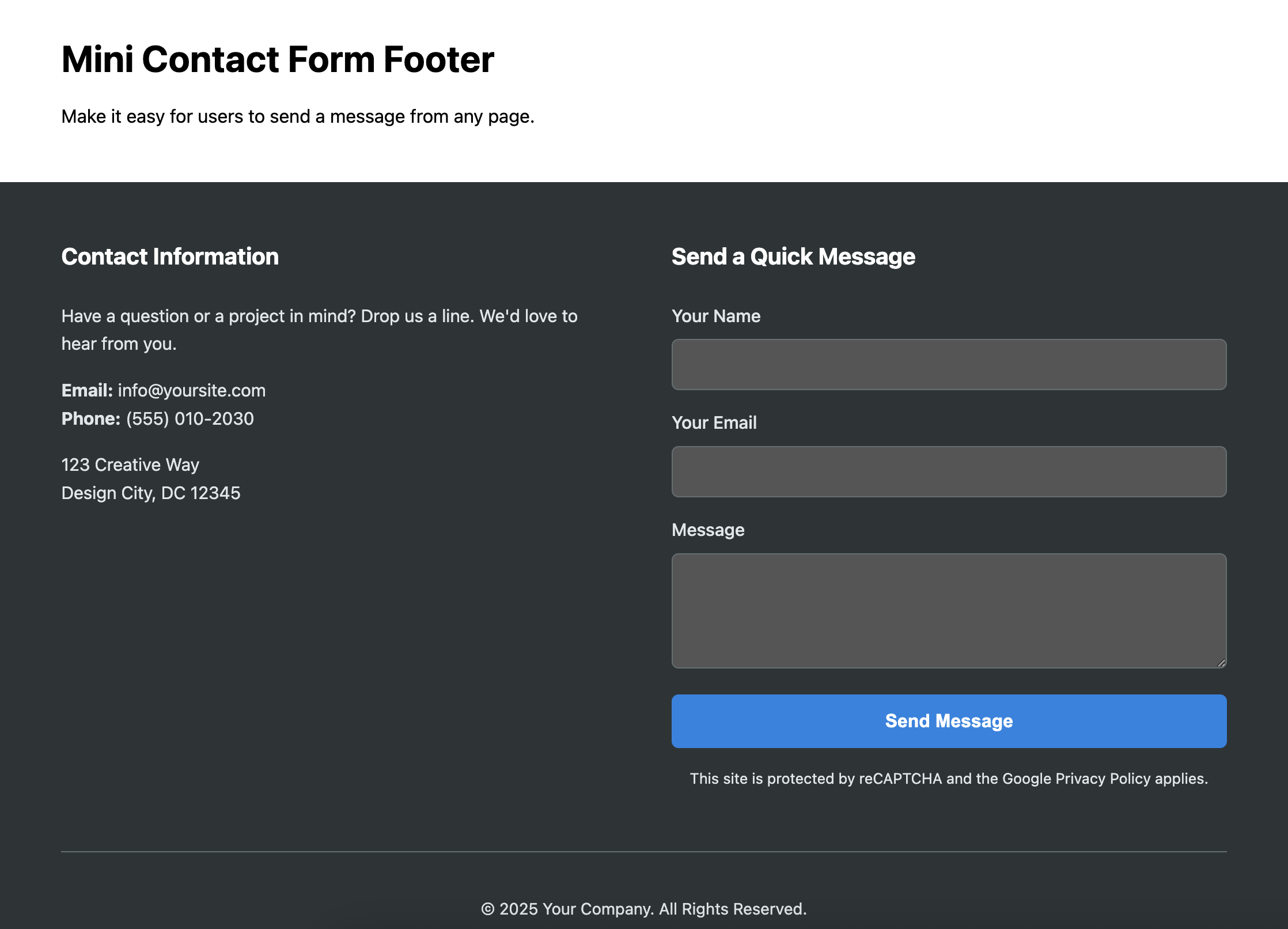 Screenshot of a footer that includes a mini contact form.