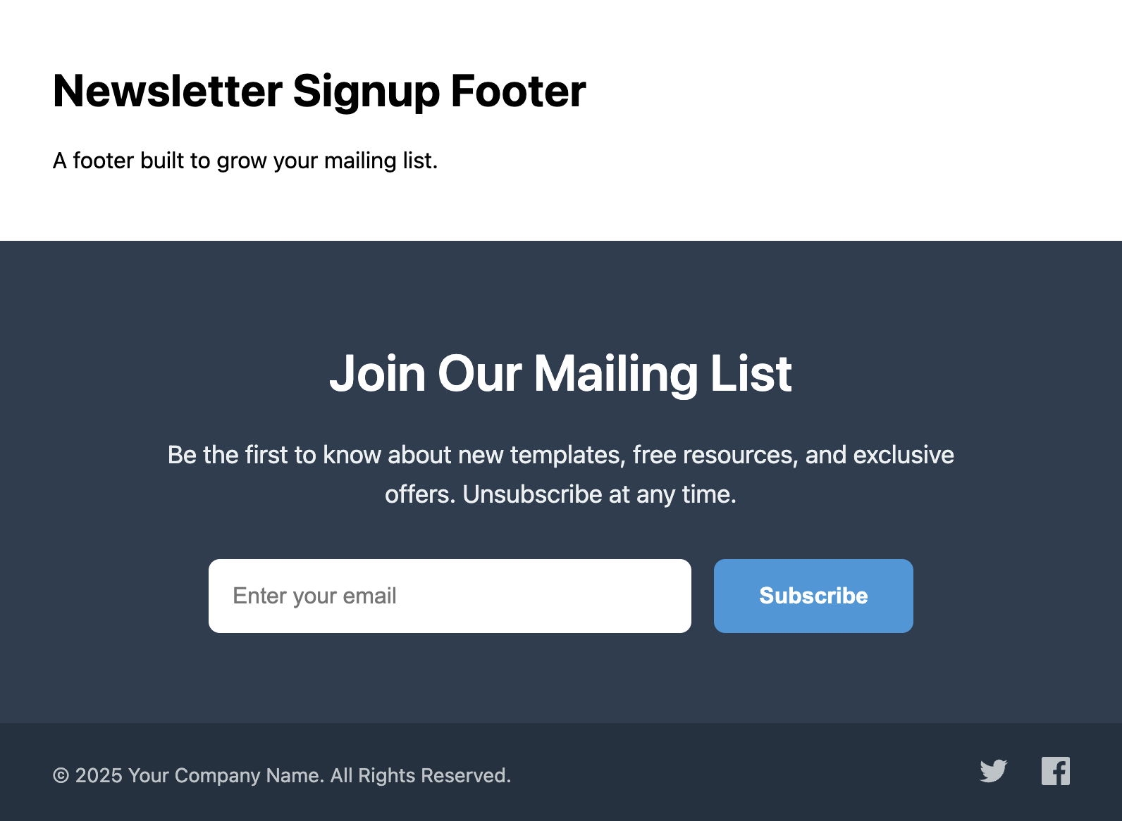 Screenshot of a footer focused on a large newsletter signup form.