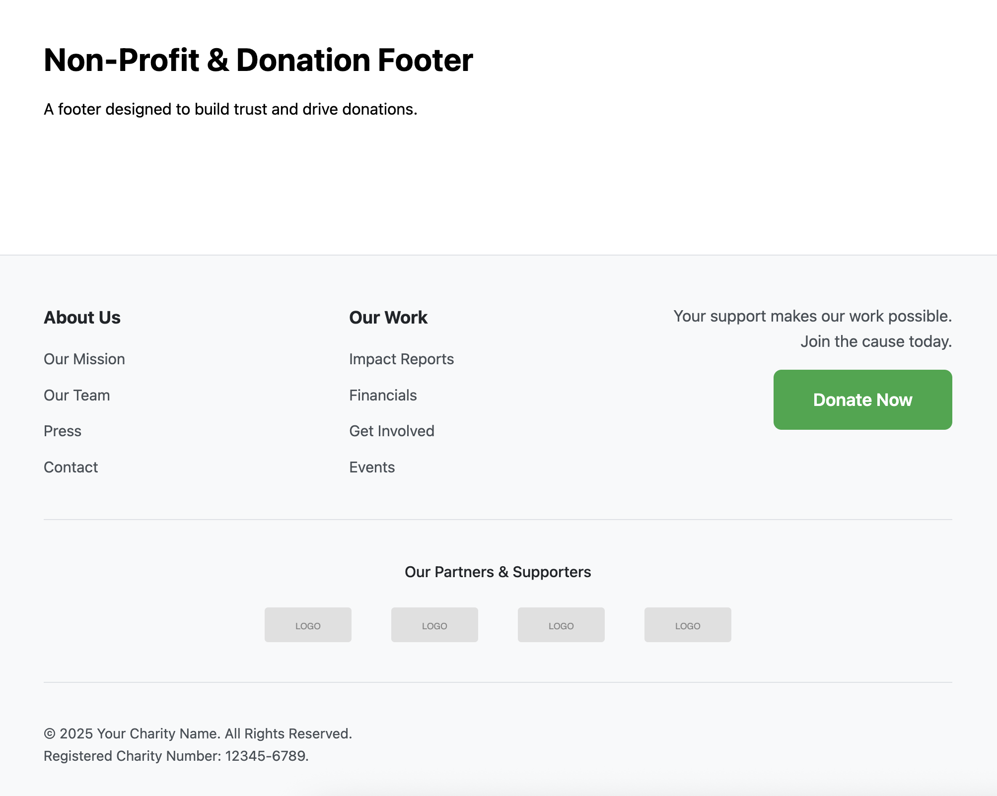 Screenshot of a non-profit footer with a prominent donate button.