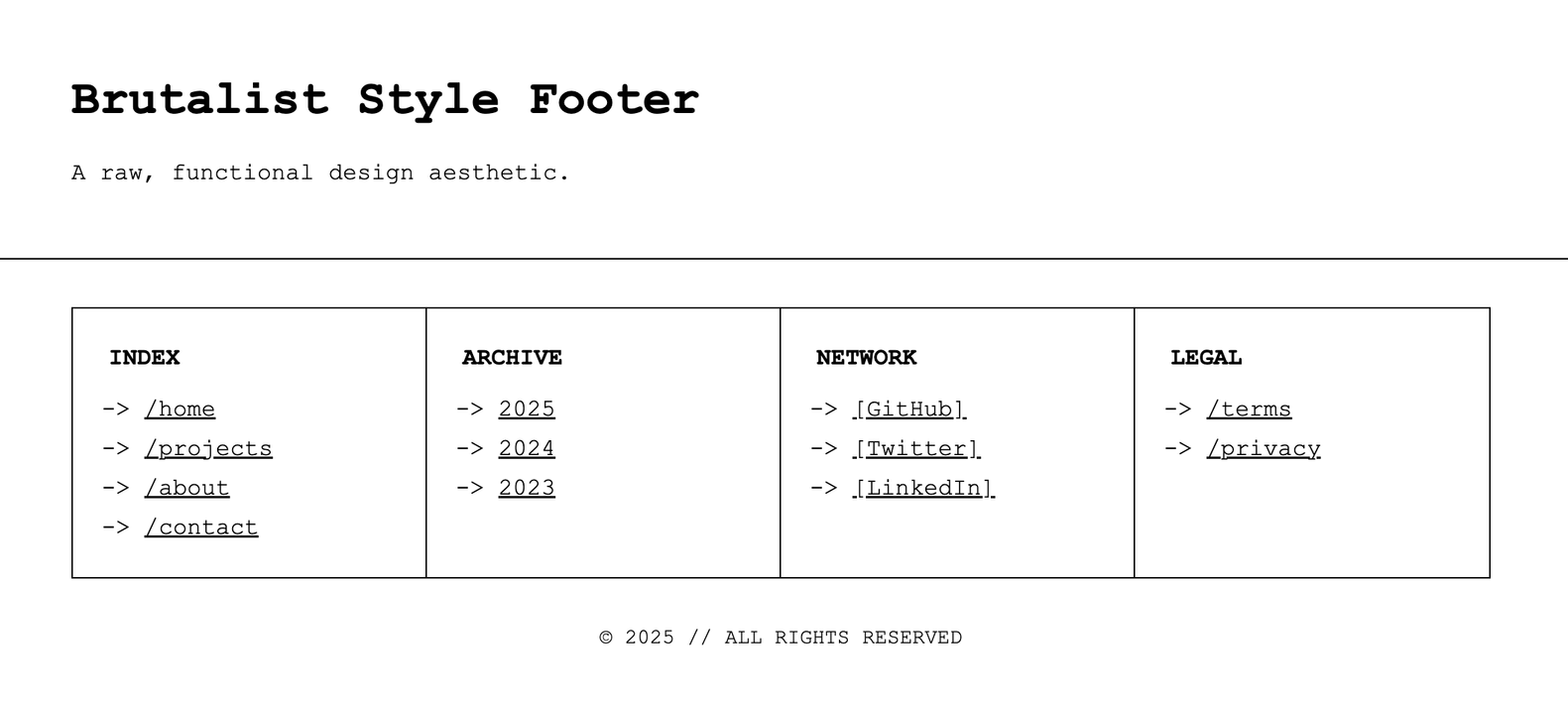 Screenshot of a footer in a stark, brutalist design style.