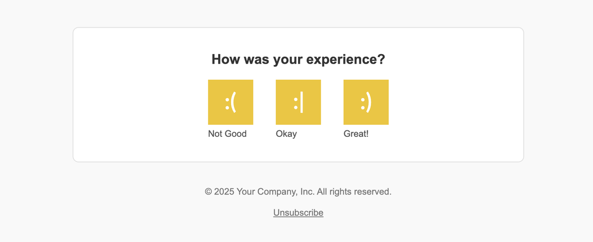 Screenshot of an email footer asking for feedback with clickable ratings.