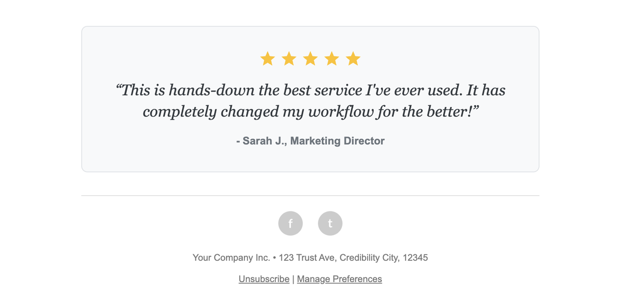 Screenshot of an email footer featuring a customer testimonial.