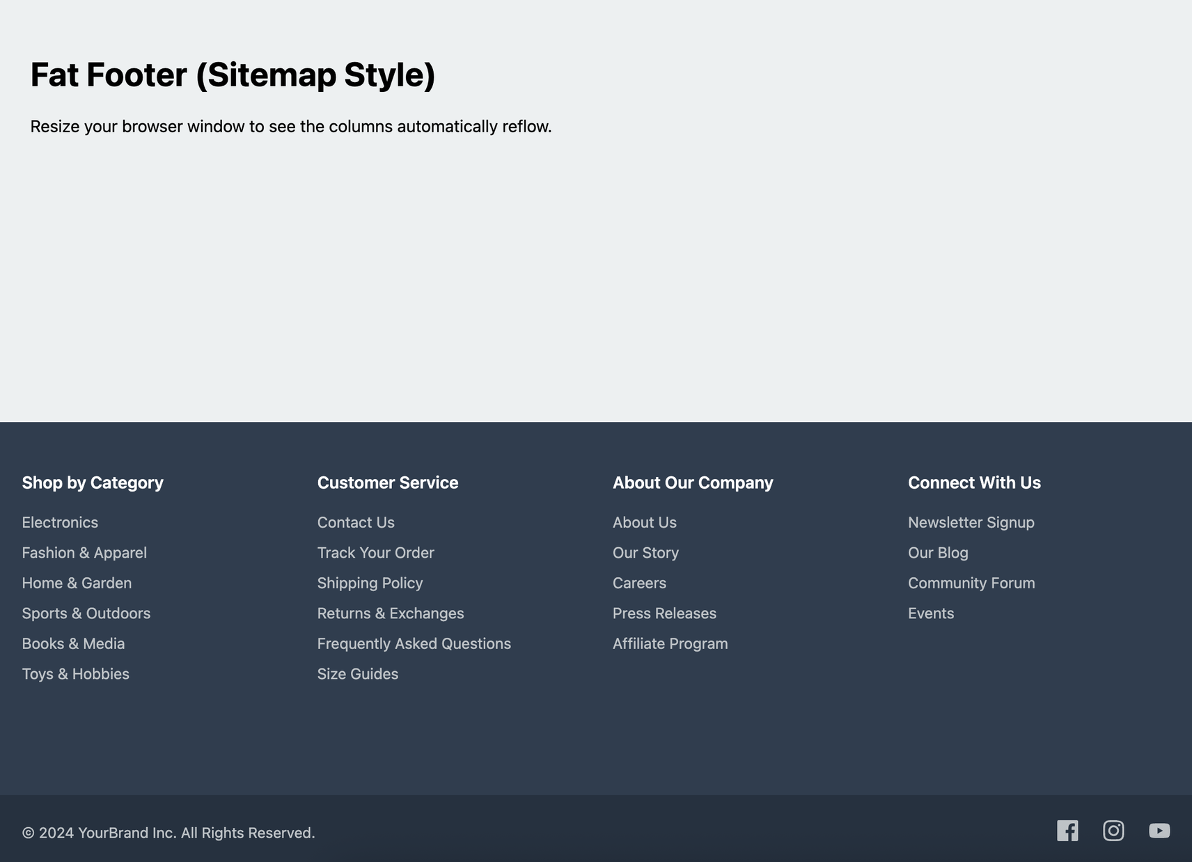 Screenshot of a large, multi-column 'fat footer' with numerous link categories and a final copyright bar.