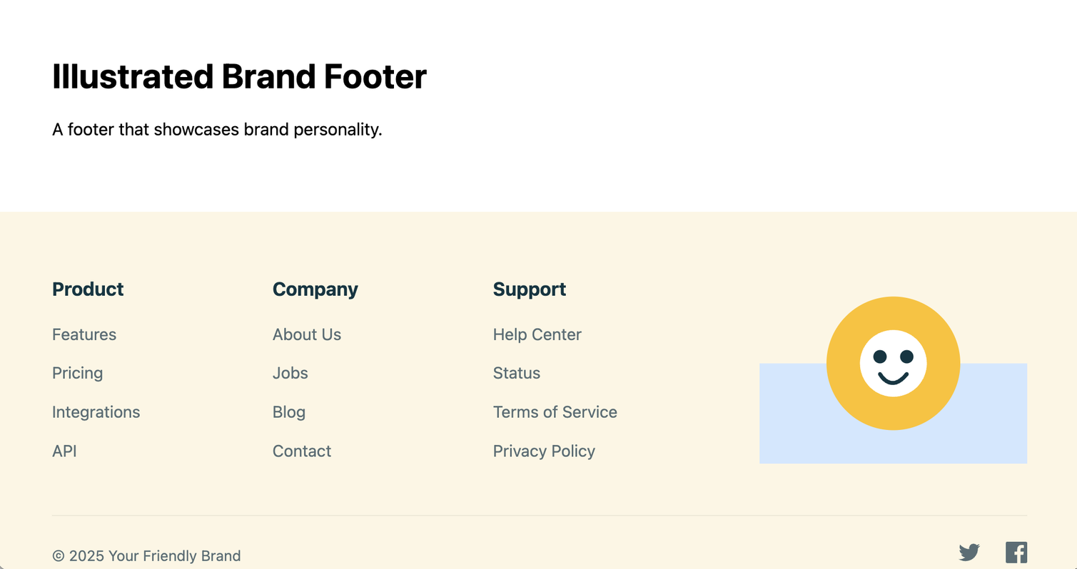 Screenshot of a footer featuring custom brand illustrations.