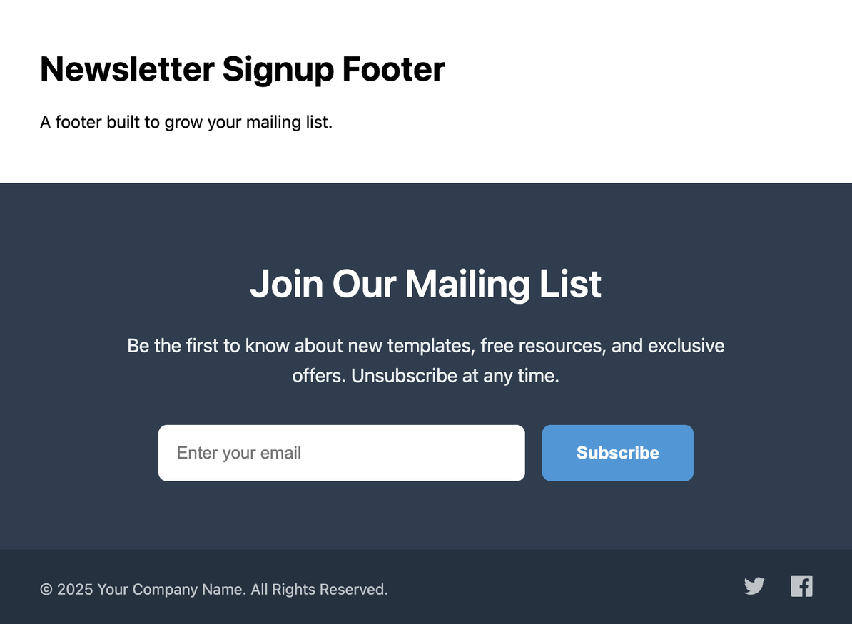 Screenshot of a large footer dominated by a newsletter signup form with a prominent heading and subscribe button.