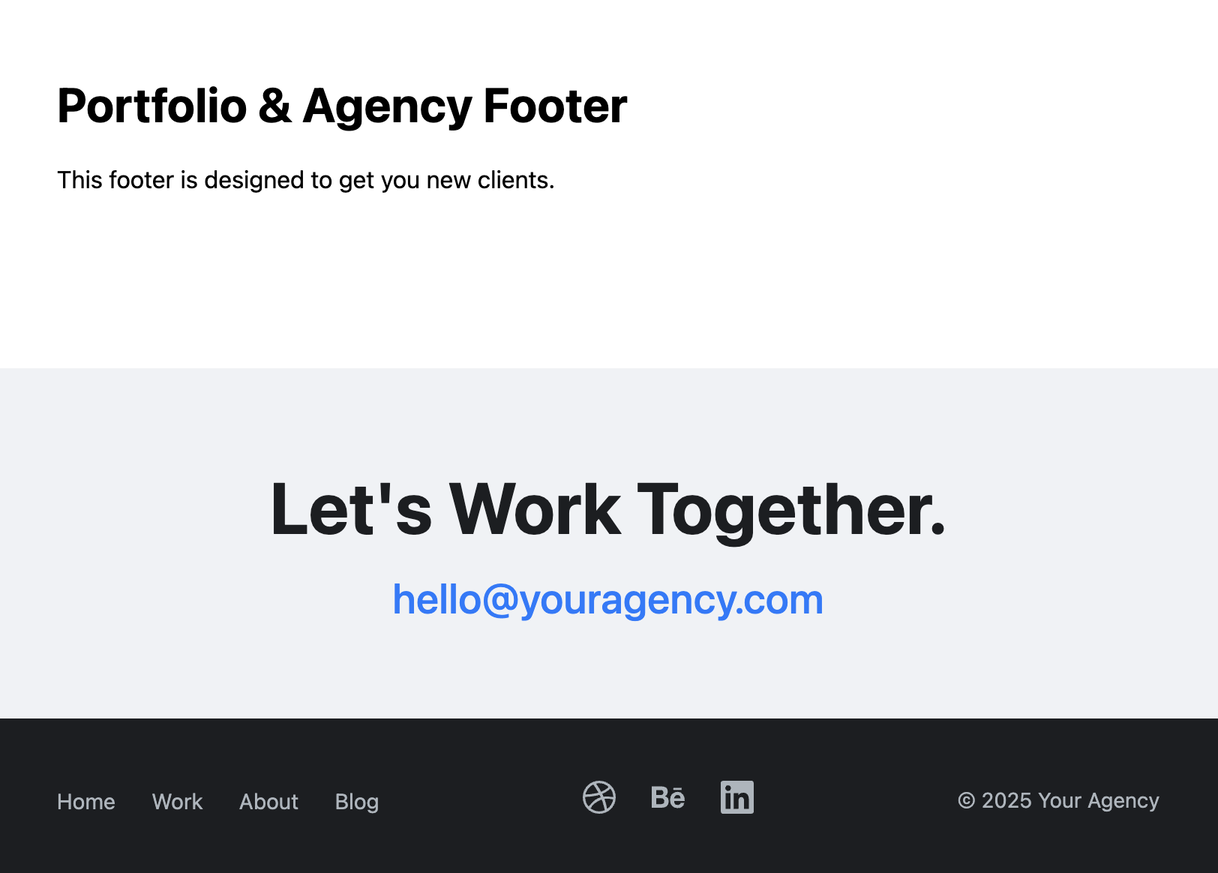Screenshot of a stylish portfolio footer with a large contact call-to-action.