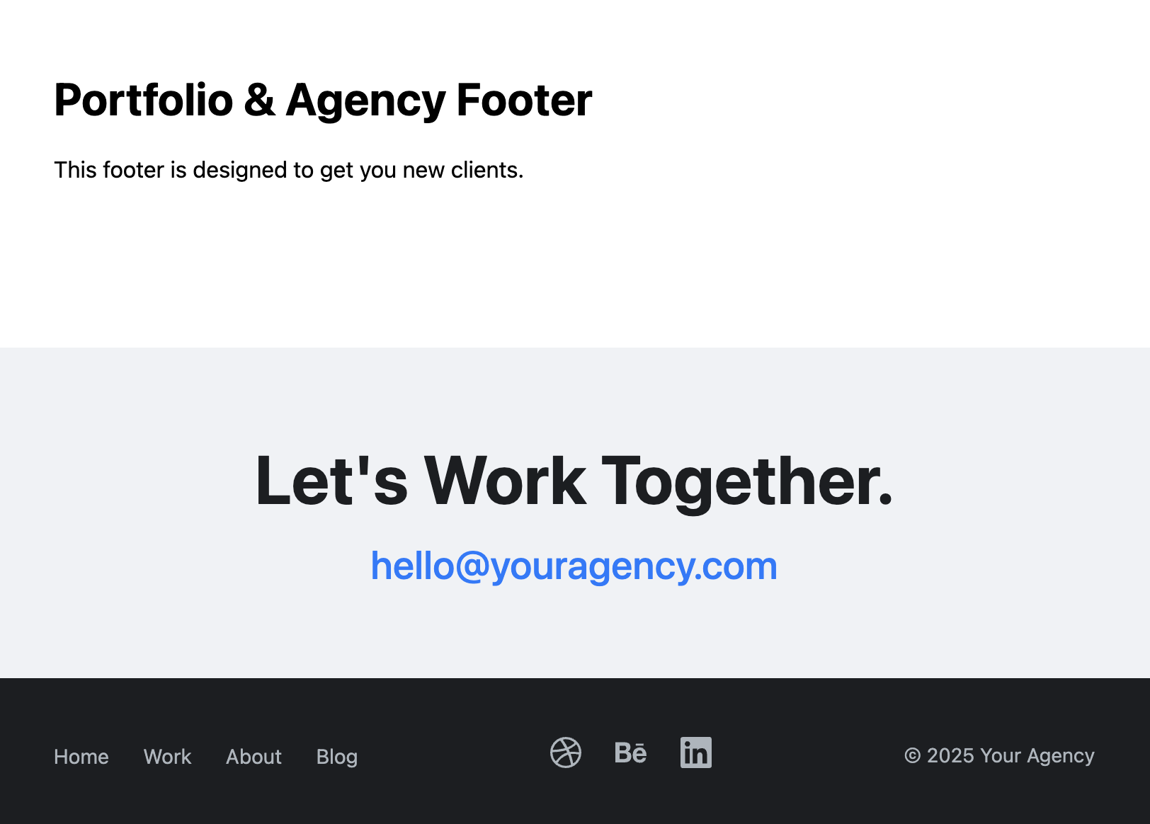 Screenshot of a stylish portfolio footer with a large contact call-to-action.