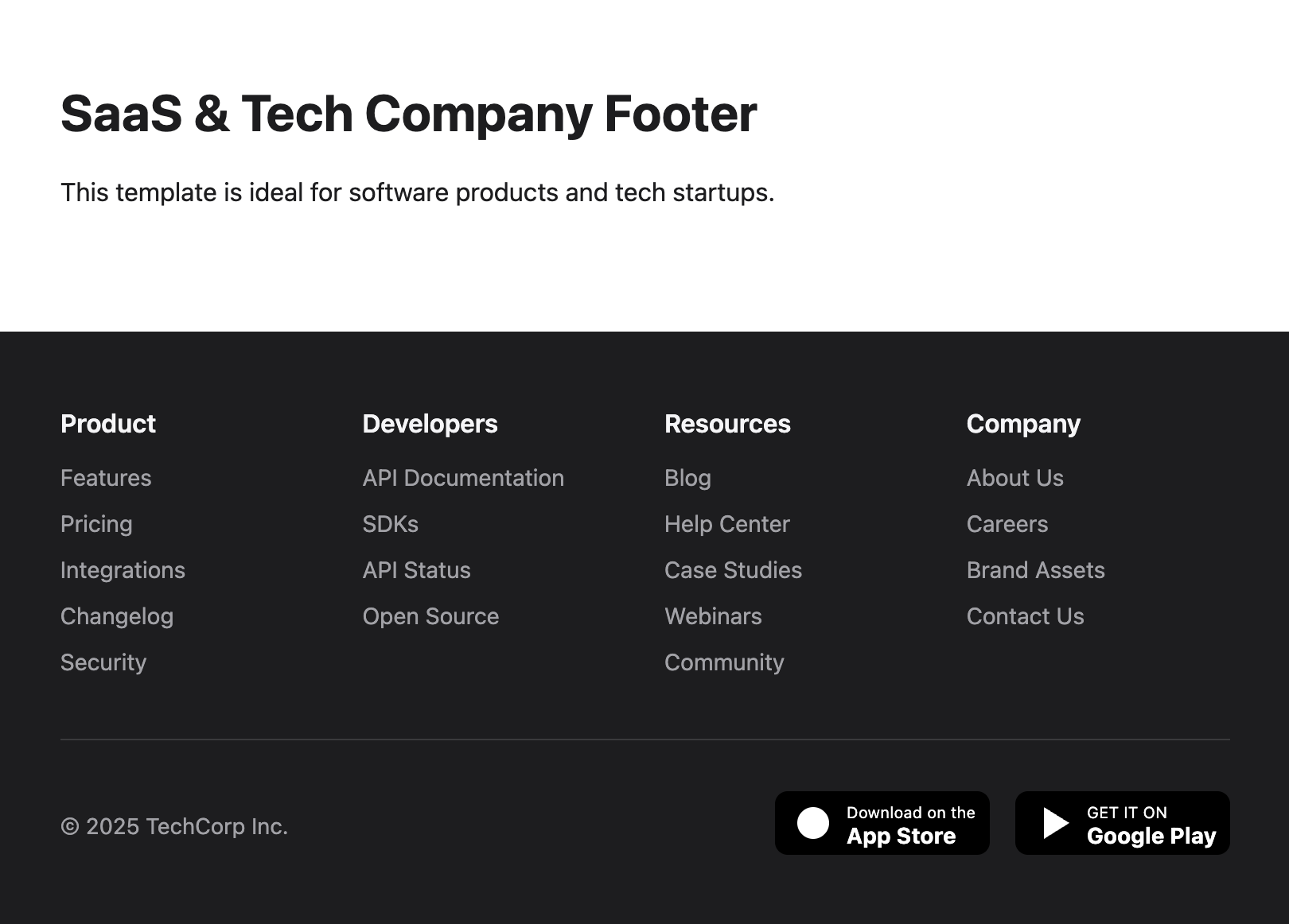 Screenshot of a SaaS and tech company footer with product and developer links.