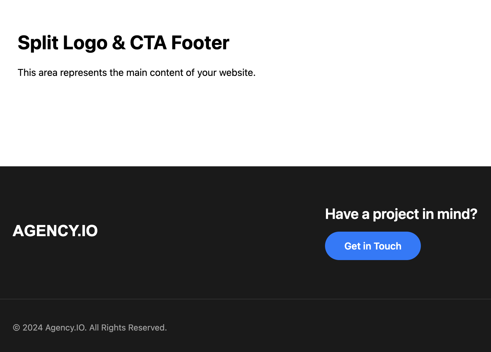 Screenshot of a split footer with a logo and call-to-action.