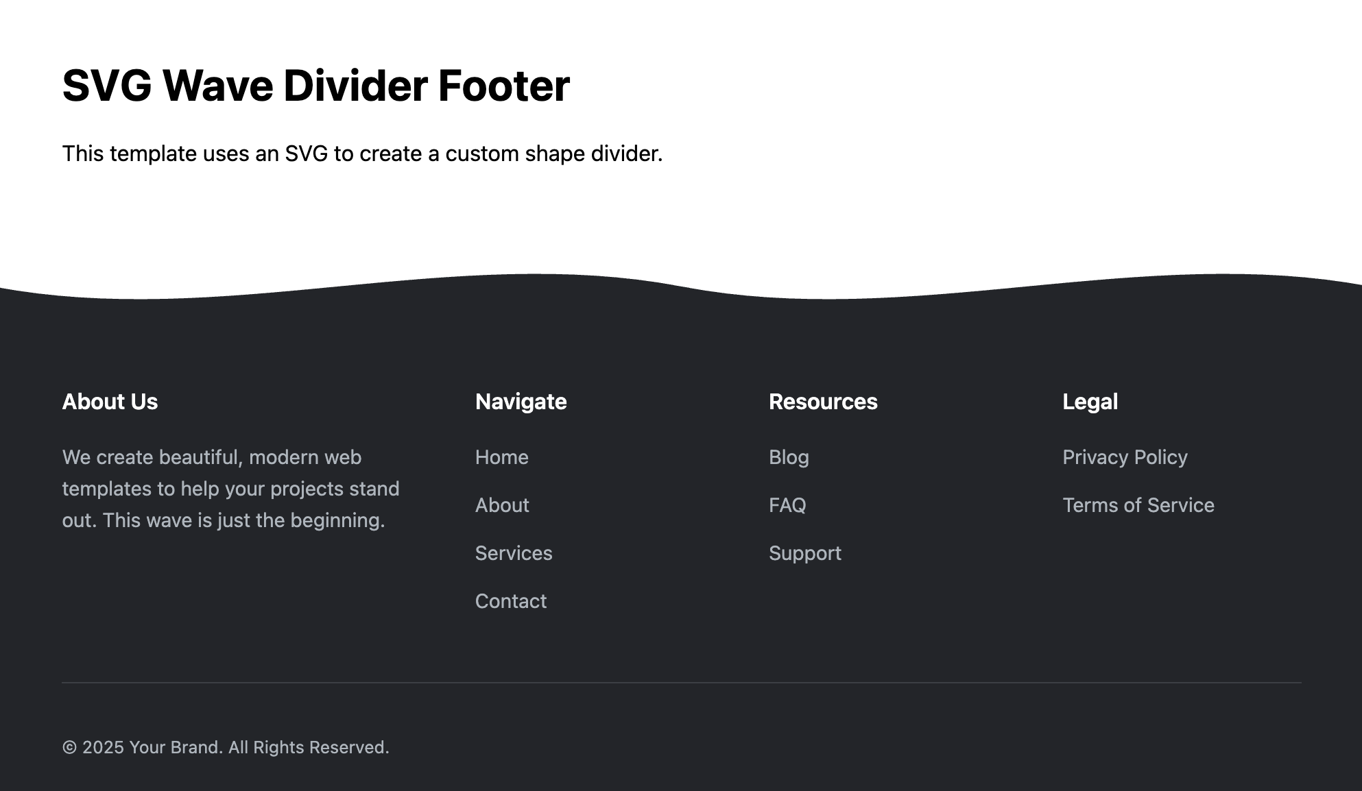 Screenshot of a footer separated by a curved SVG wave shape.
