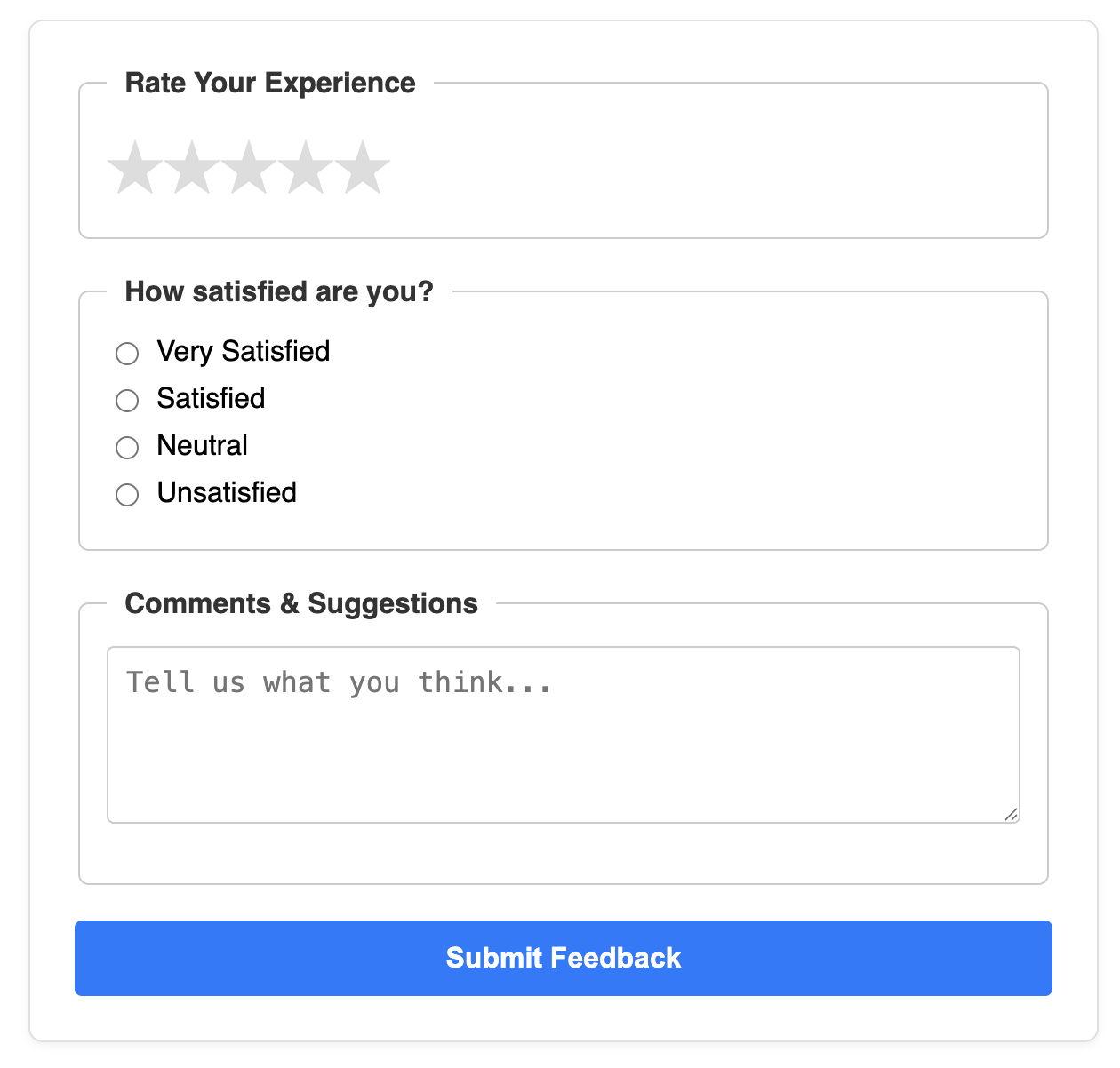 Screenshot of a user feedback form with star ratings.
