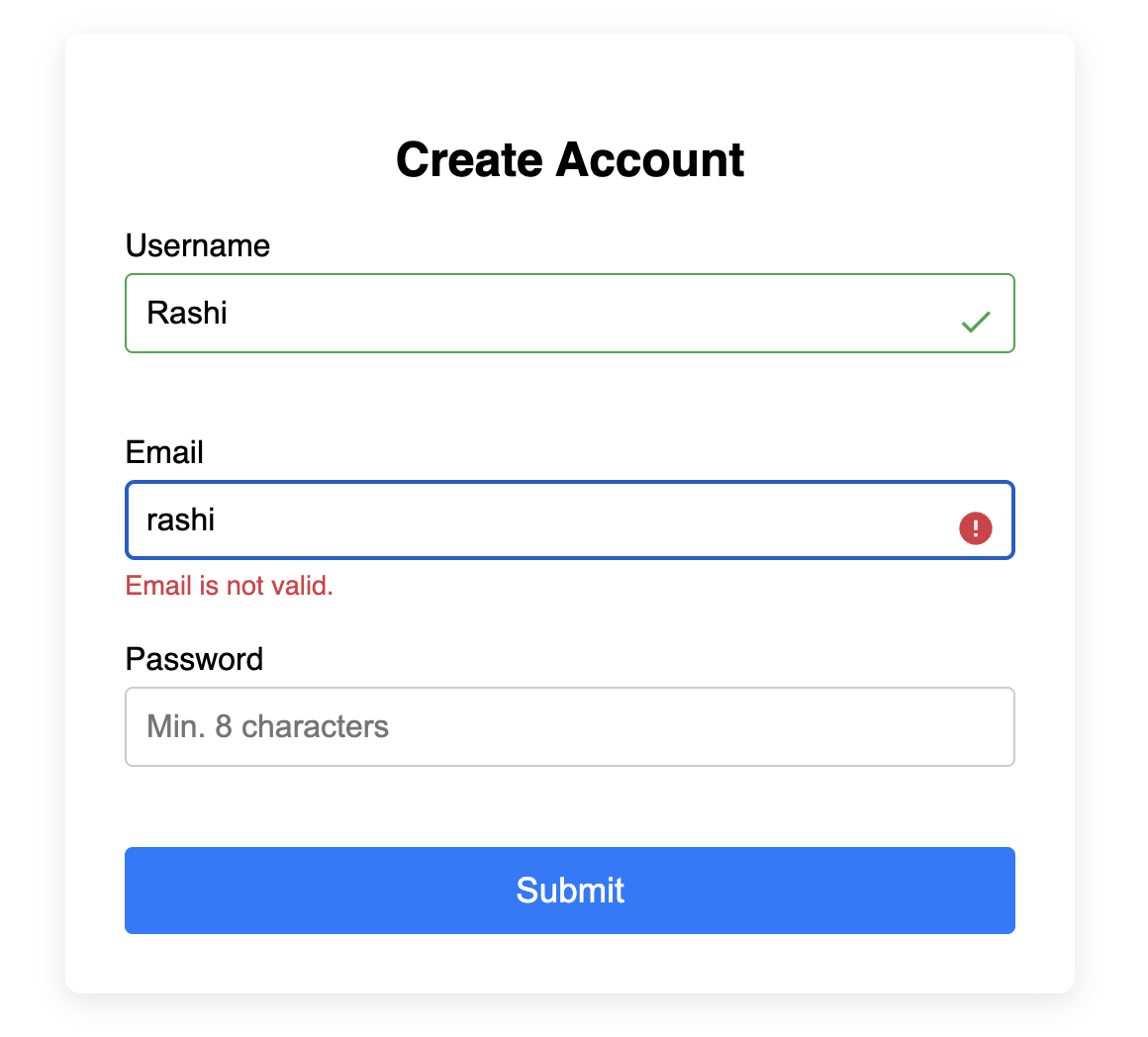 Screenshot of a form with inline validation messages.