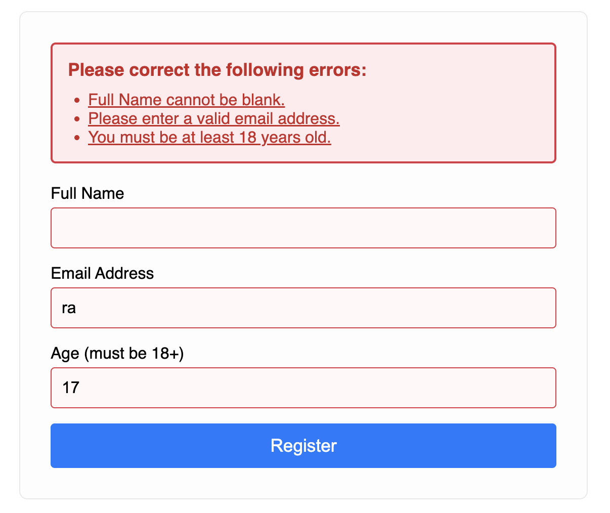 Screenshot of a form with a validation summary box.