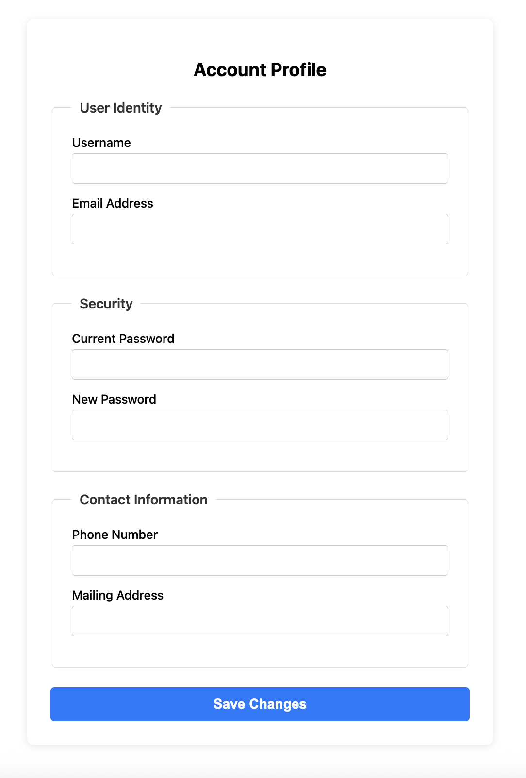 Screenshot of a form grouped with fieldsets.