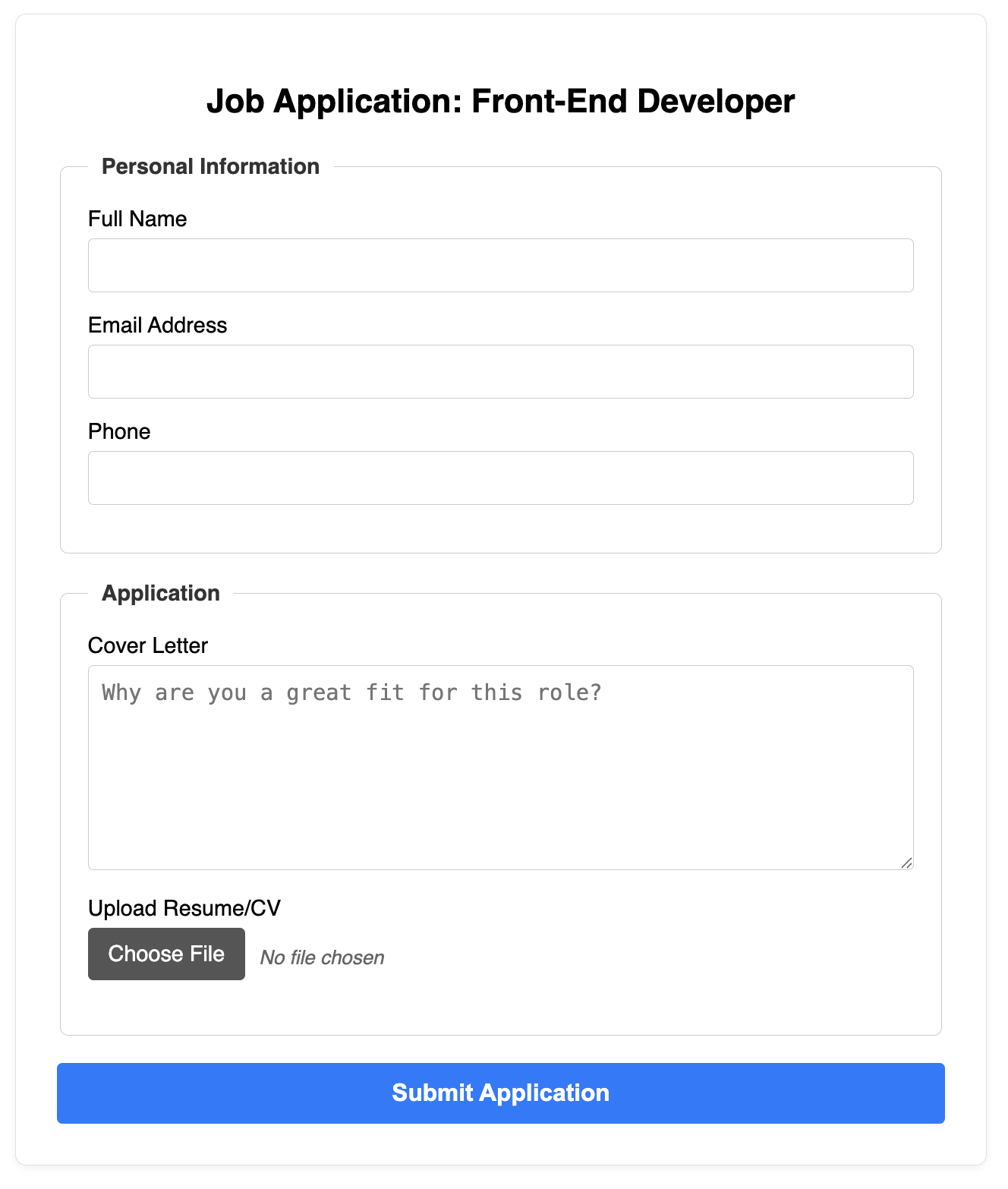 Screenshot of a job application form.